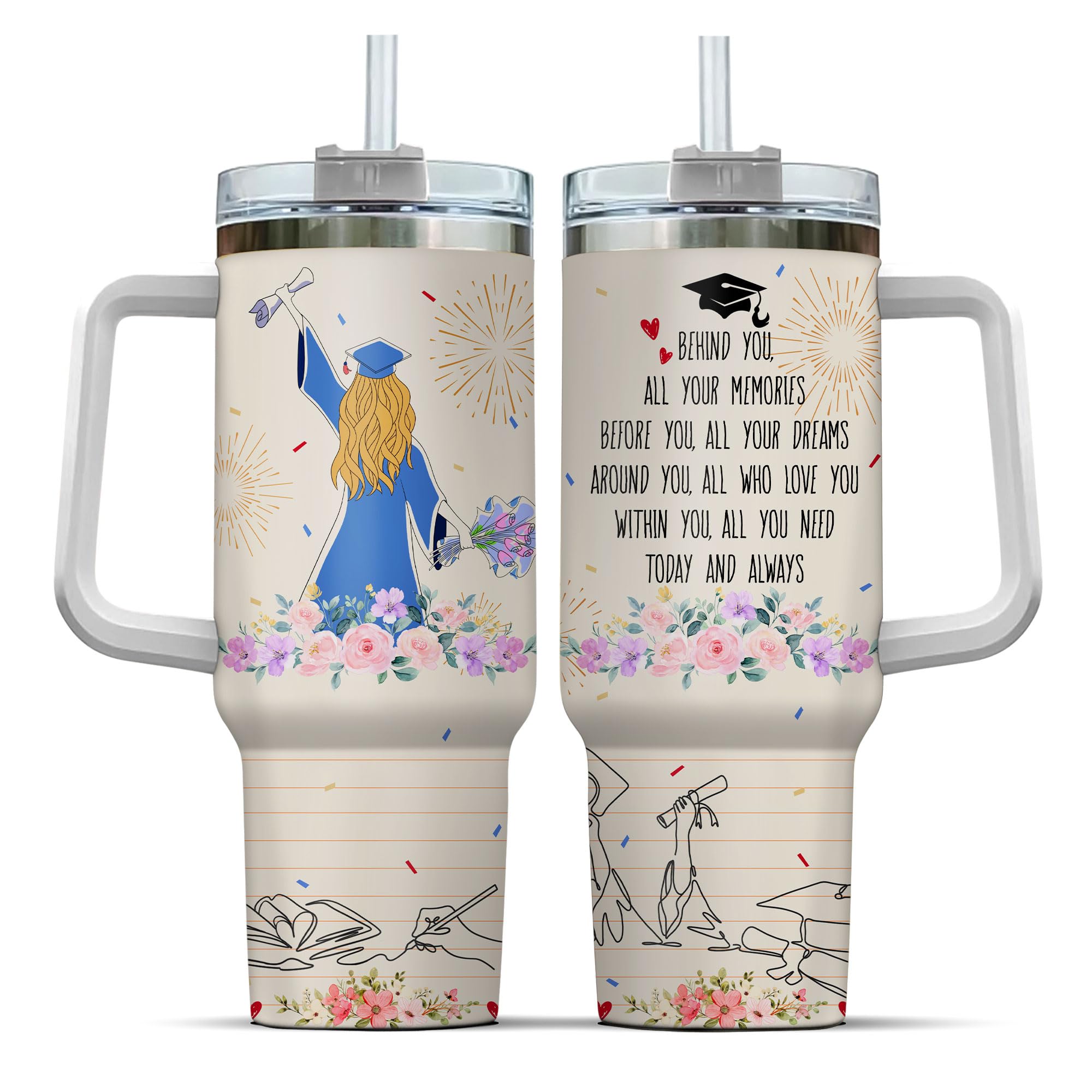 Custom Grad 40oz Tumbler with Handle and Straw