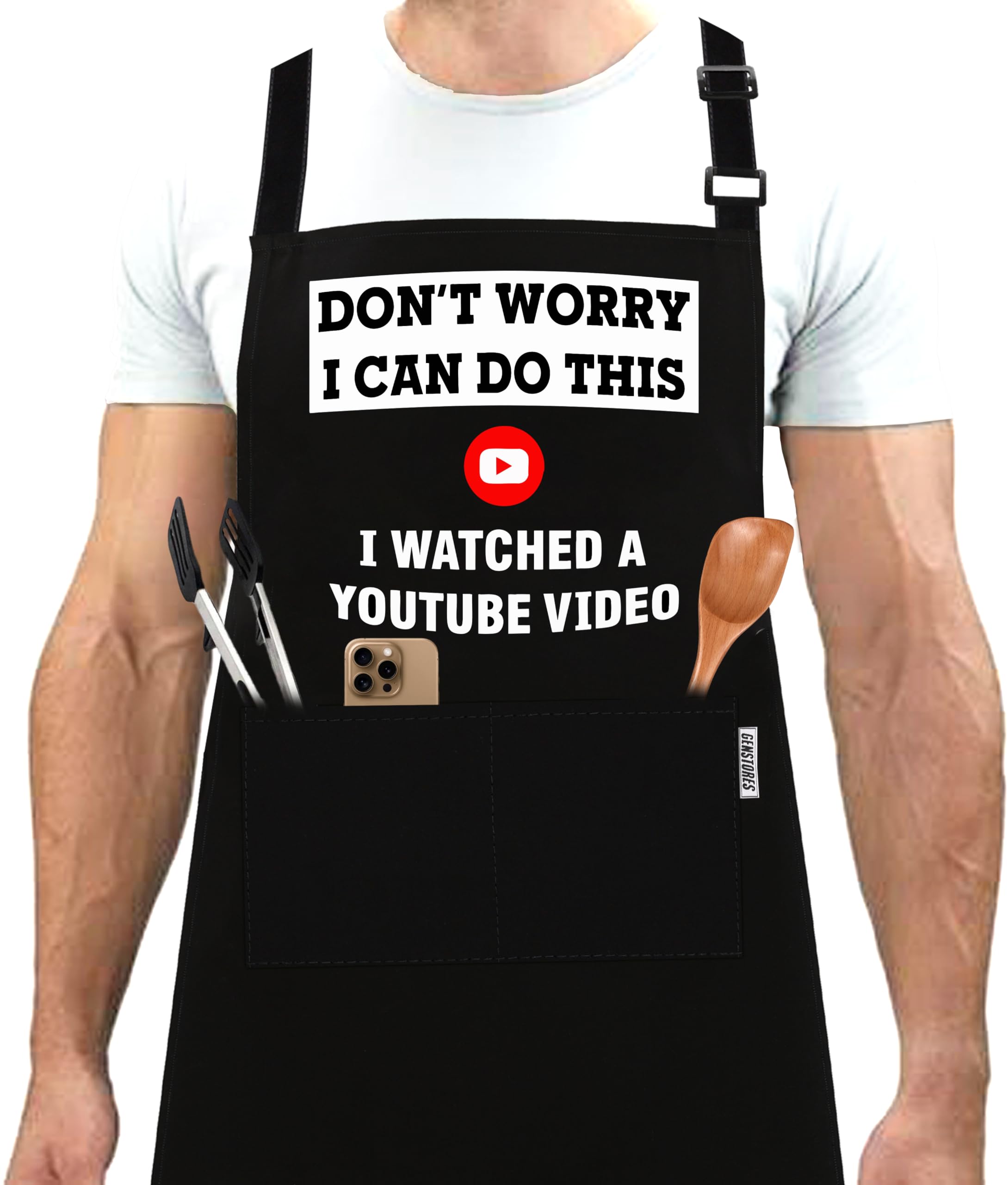 GENSTORES Funny Grilling Aprons for Men with Pockets BBQ Novelty Cooking Aprons for Son Grandad Baking Aprons Christmas Fathers Day Gift For Men Birthday Gifts for Dad- Watch Youtube Video